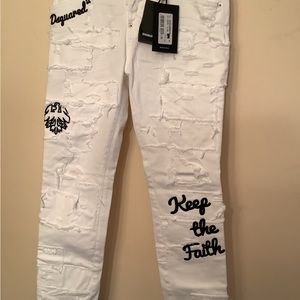 Dsquared2 White Embroidered Keep The Faith Distressed Jeans IT 36 (30x26.5) NWT